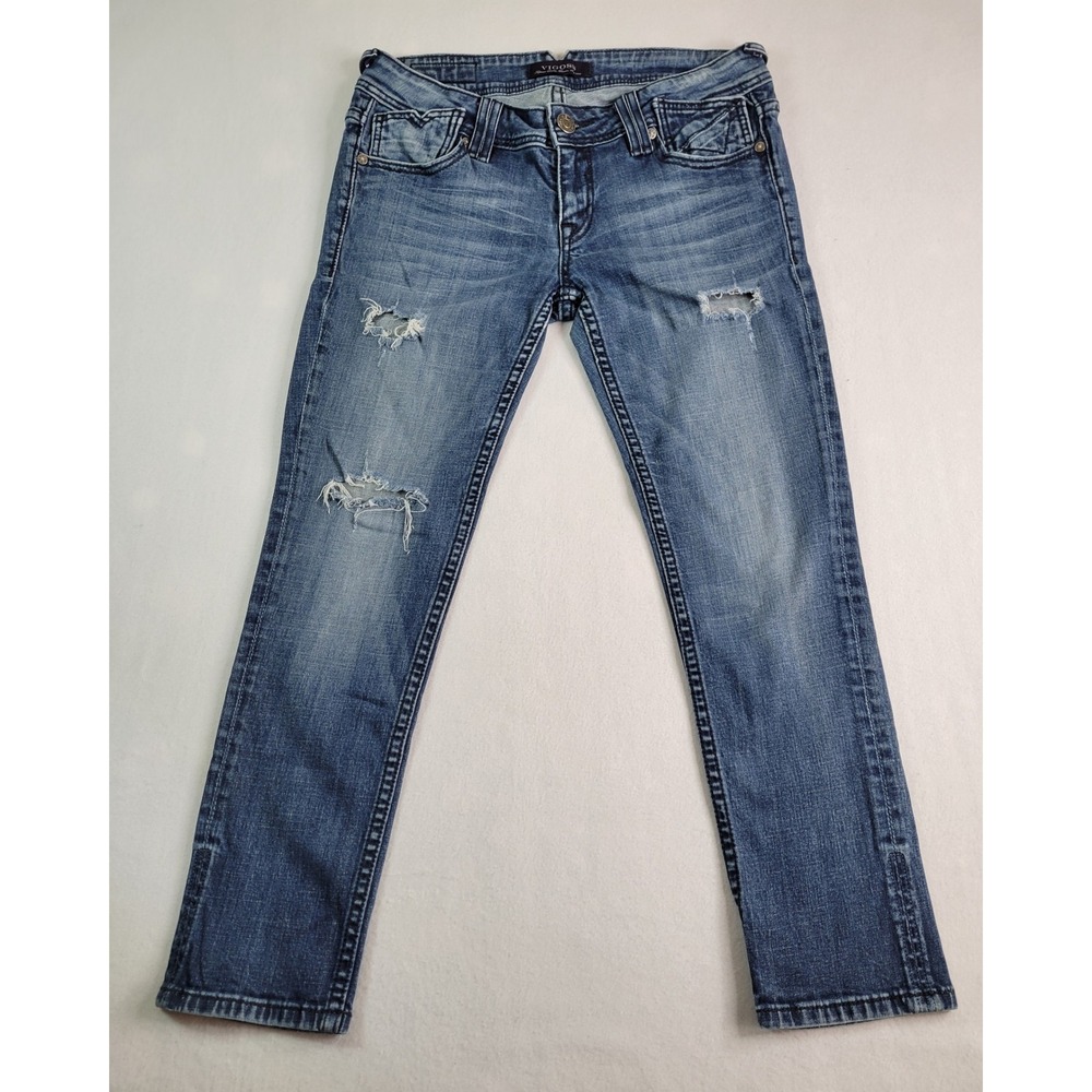 Vigoss Distressed Straight Leg Jeans Medium Wash Embroidered Pockets‎ 32x26